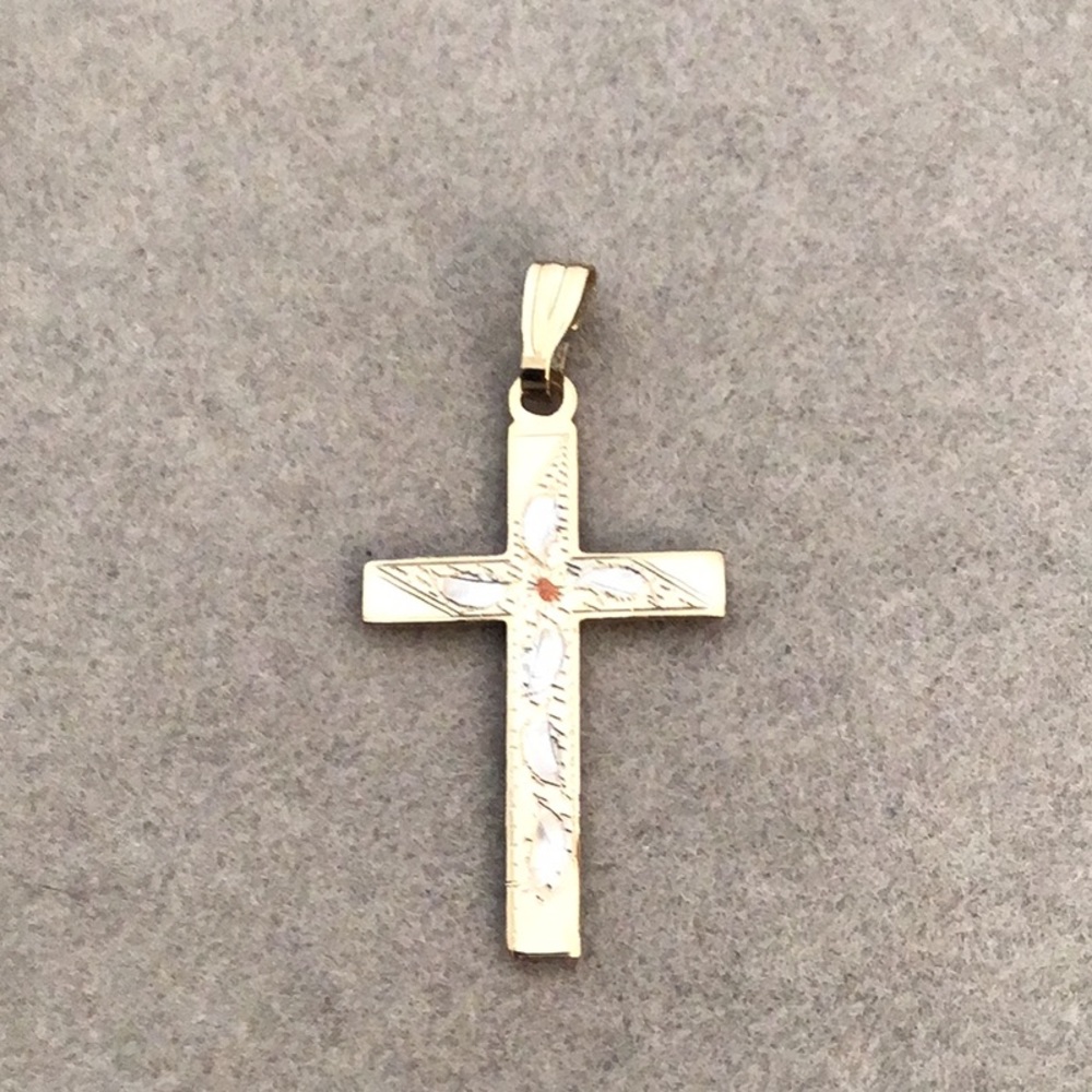 10K Dainty Yellow Gold Engraved Cross